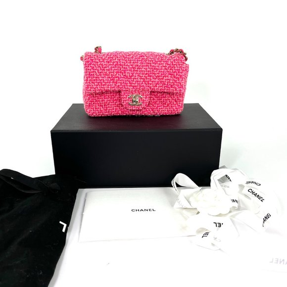 Authentic CHANEL Wool Tweed 2022 Pink Rectangular Mini Flap Bag - Picture 3 of 12